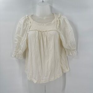 Anthropologie Cream Cotton Peasant Boho Top‎ XS Smocked Cottagecore Puff Sleeves